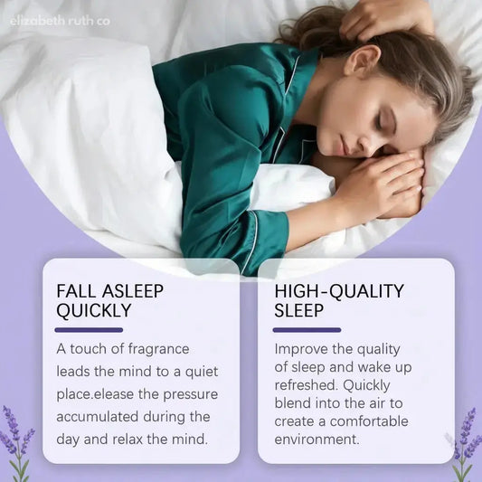 Woman sleeping with text about falling asleep quickly and high-quality sleep.