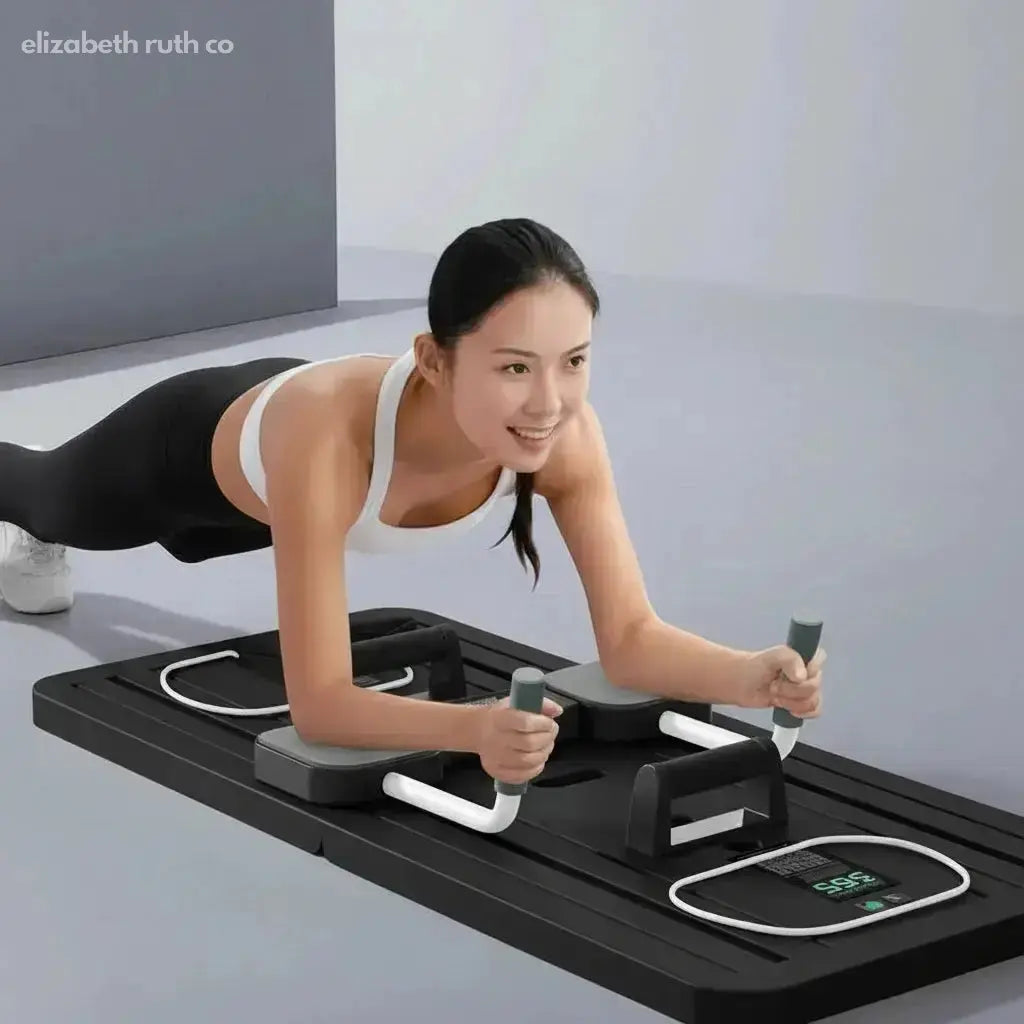 Person using a black exercise machine with text about its compatibility and benefits.