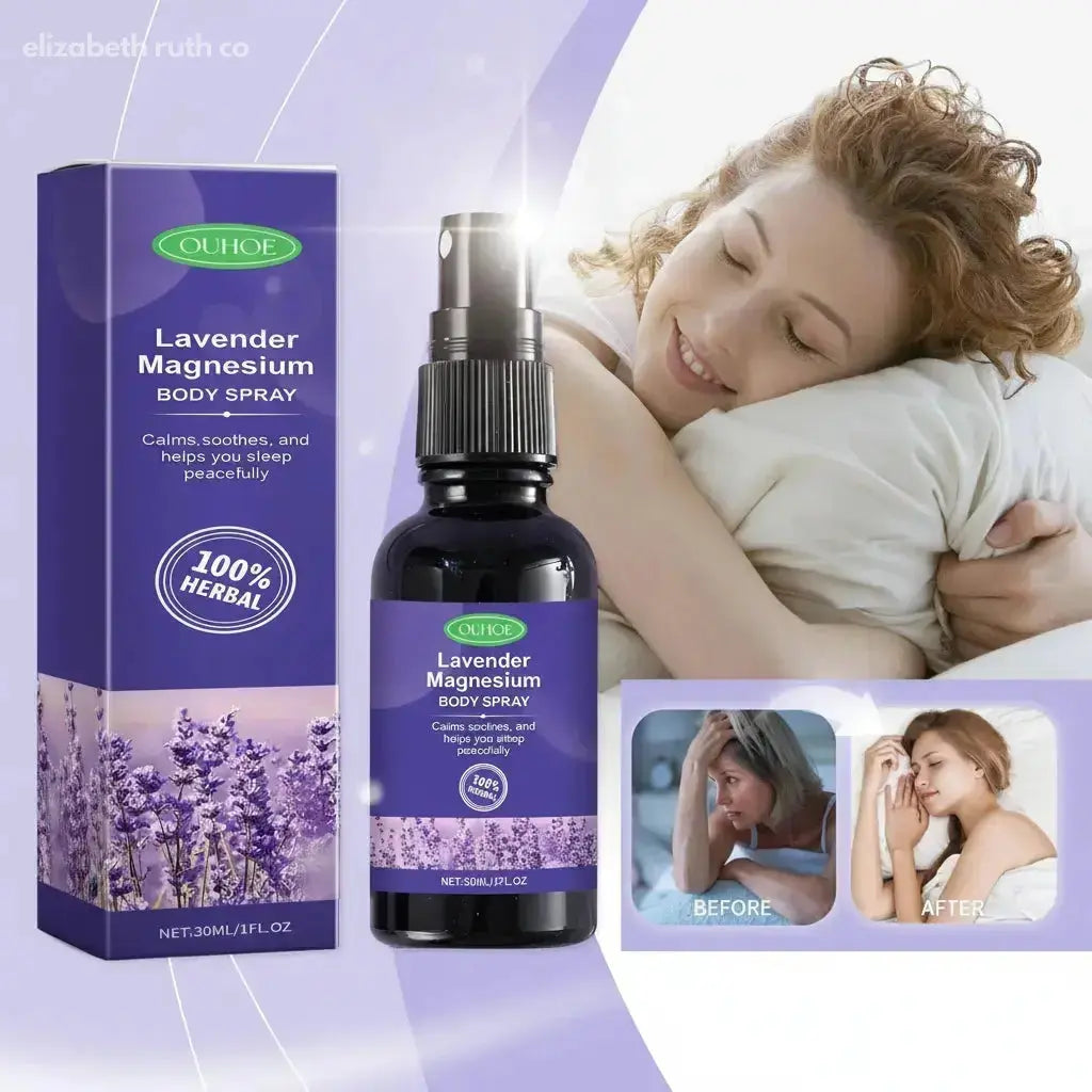 Lavender magnesium body spray with packaging and usage images on a light purple background