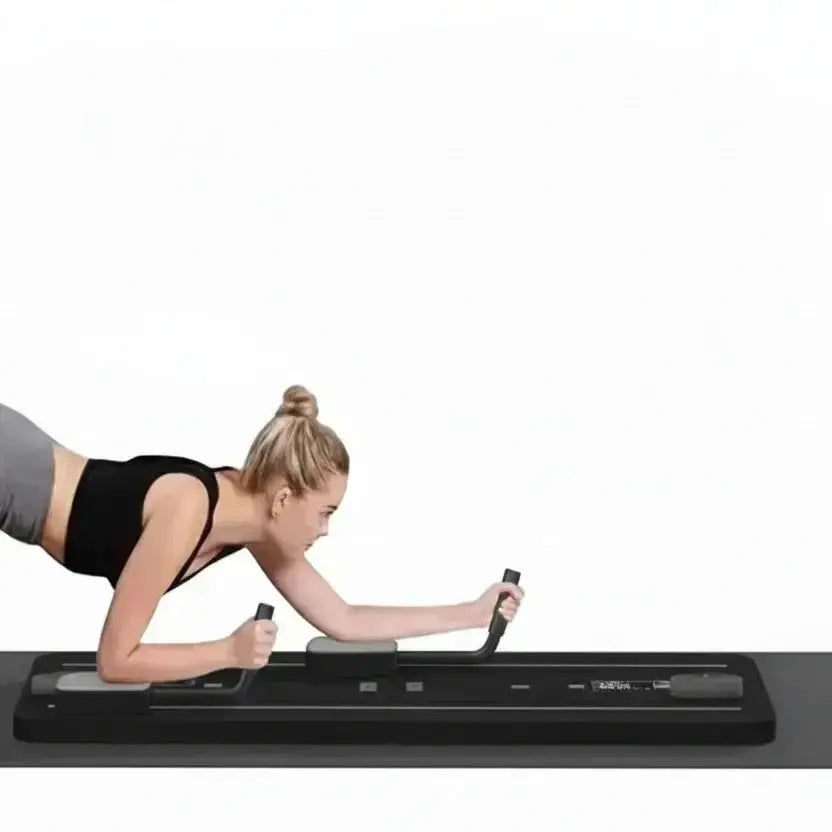 Multifunctional exercise board with various attachments and a woman demonstrating its use.