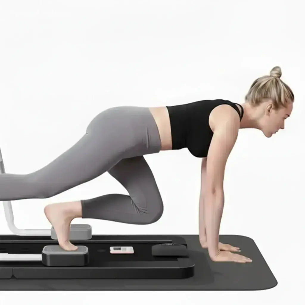 Black exercise board with various attachments and a woman demonstrating its use.