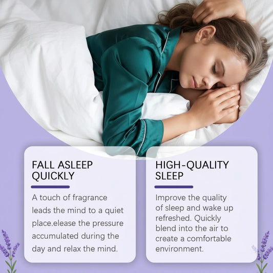 Woman sleeping with text about falling asleep quickly and high-quality sleep.