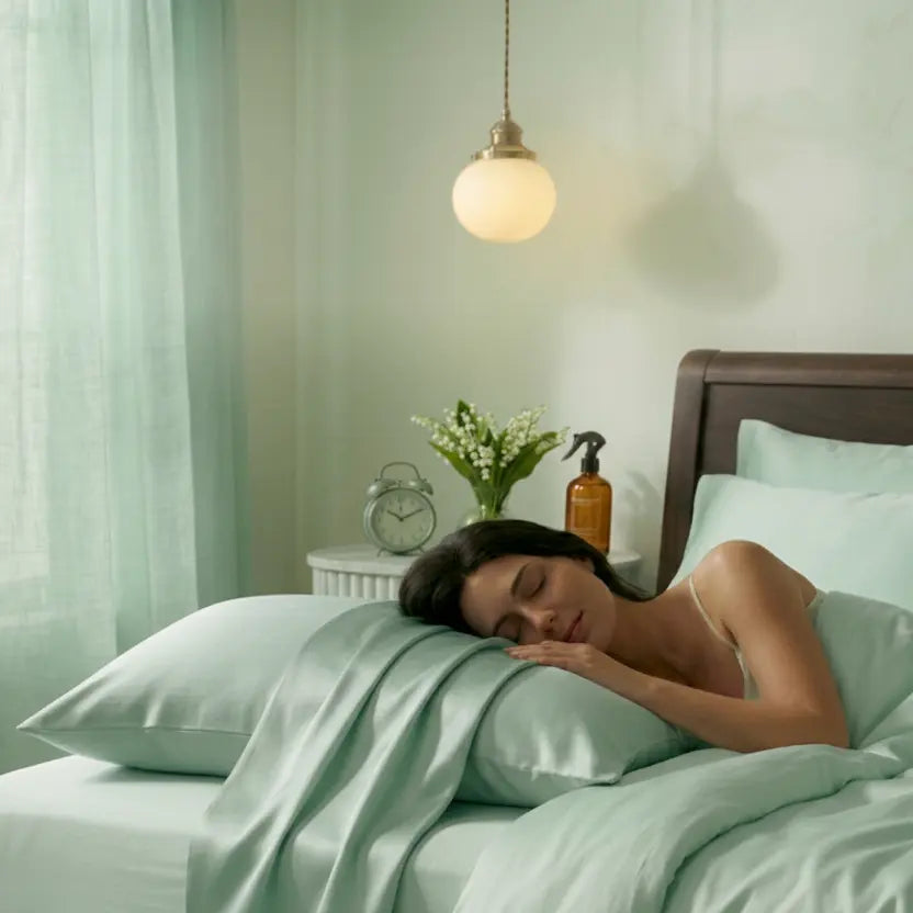 Woman sleeping on a bed with light green bedding in a softly lit bedroom.