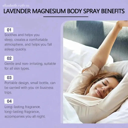 Woman waking up feeling refreshed with text on lavender magnesium body spray benefits.