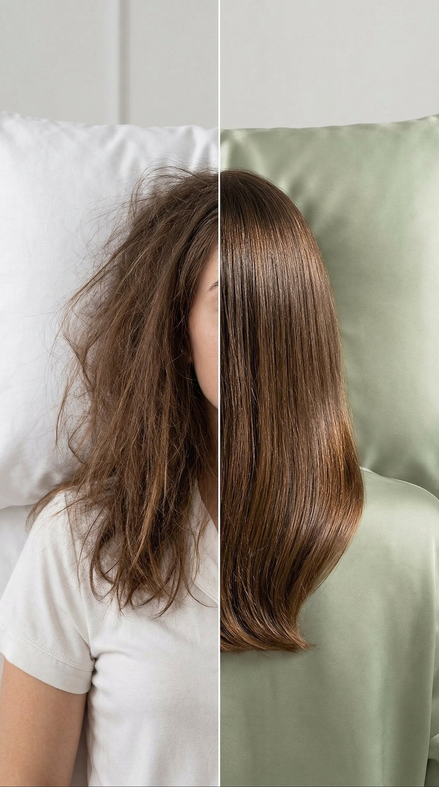 Side-by-side comparison of hair before and after styling on a neutral background